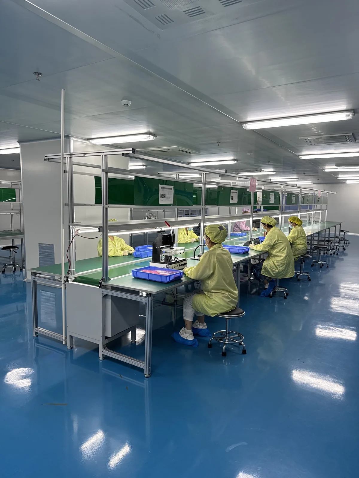 Stainless-steel workstations arranged along a production line