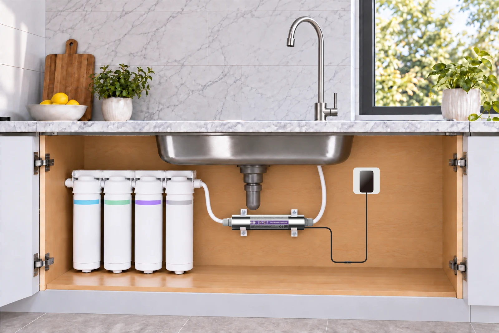 An in-line UVC unit installed under a sink on the permeate line, downstream of the RO storage tank and upstream of the faucet