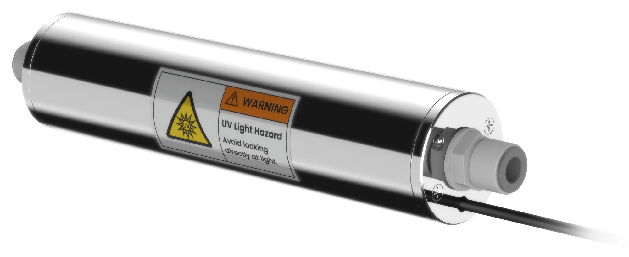Angled view of the SKWEIT® ZXSJ-UVC-1GPM in-line UVC sterilizer showing the stainless steel housing, quick-connect fitting and the UV light hazard warning label