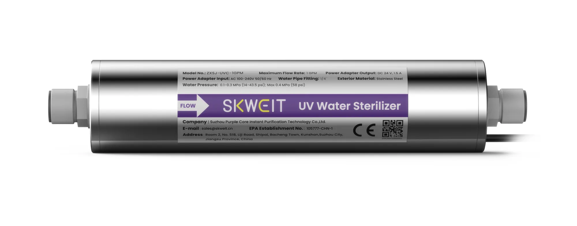 Straight-on view of the SKWEIT® ZXSJ-UVC-1GPM in-line UVC water sterilizer, showing the stainless steel housing, the 1/4 inch quick-connect fitting and the product label carrying the model number, the manufacturer and the EPA establishment registration number
