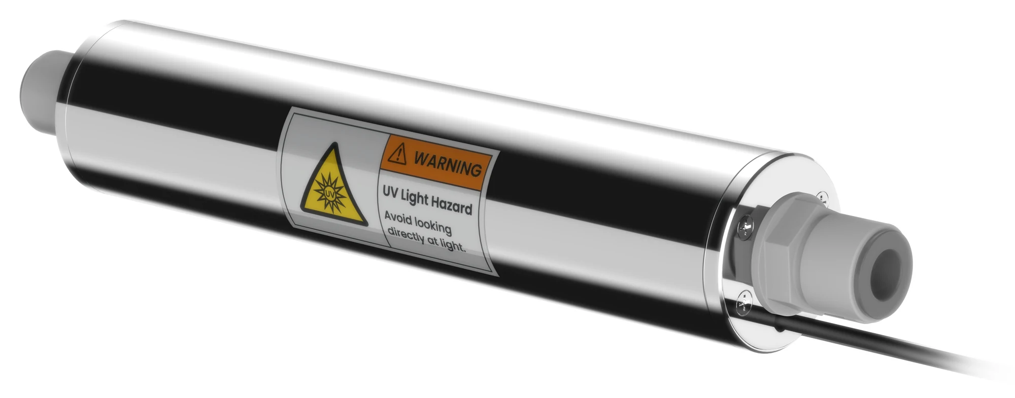 Angled view of the SKWEIT® ZXSJ-UVC-3GPM in-line UVC sterilizer showing the housing, fittings and product label