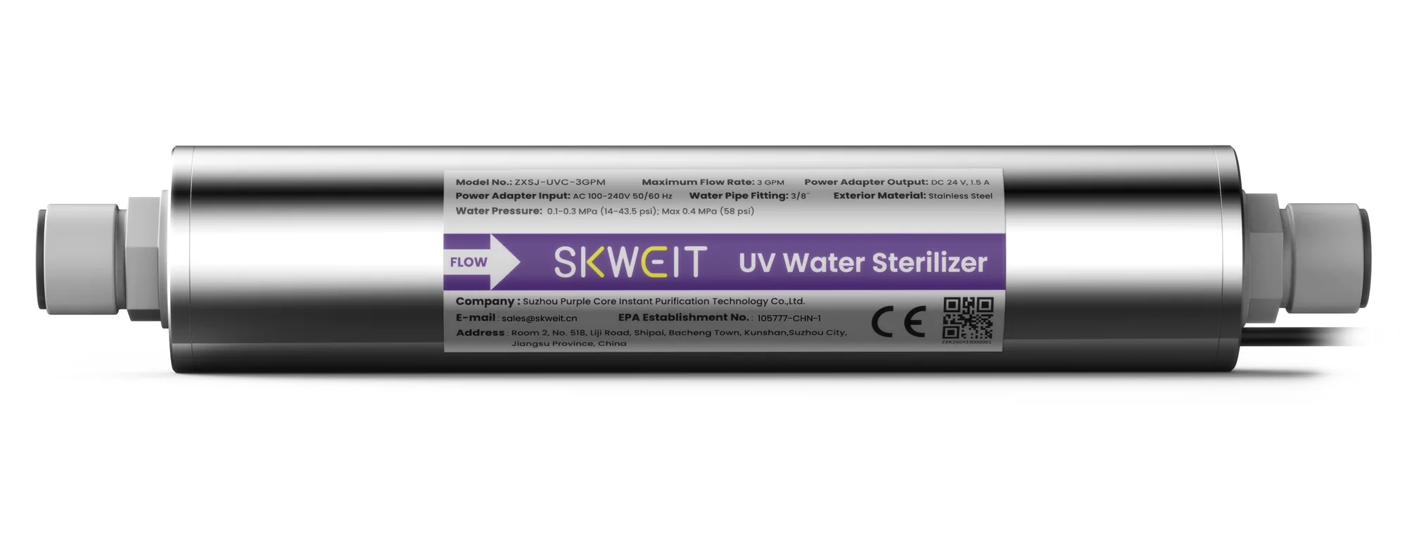 Straight-on view of the SKWEIT® ZXSJ-UVC-3GPM in-line UVC water sterilizer, showing the stainless steel housing, the 3/8 inch quick-connect fitting and the product label carrying the model number, the manufacturer and the EPA establishment registration number