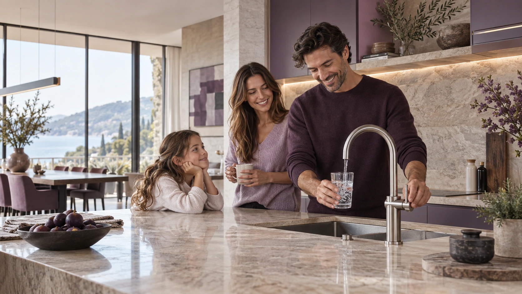 A family filling a glass of water in a refined kitchen