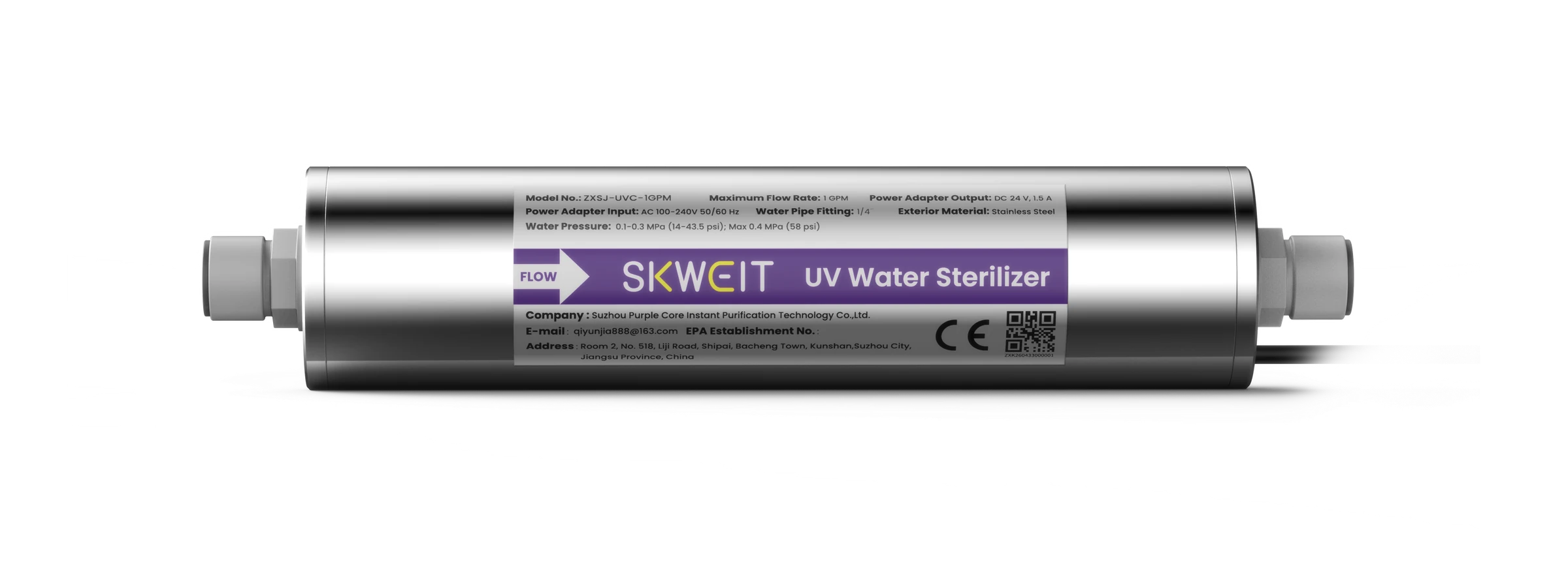 SKWEIT 1 GPM UVC-LED module with 1/4 inch fittings, horizontal front view