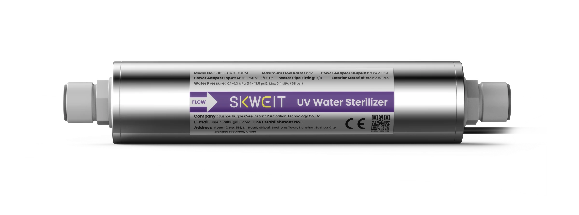 SKWEIT 1 GPM UVC-LED module with 3/8 inch fittings, horizontal front view