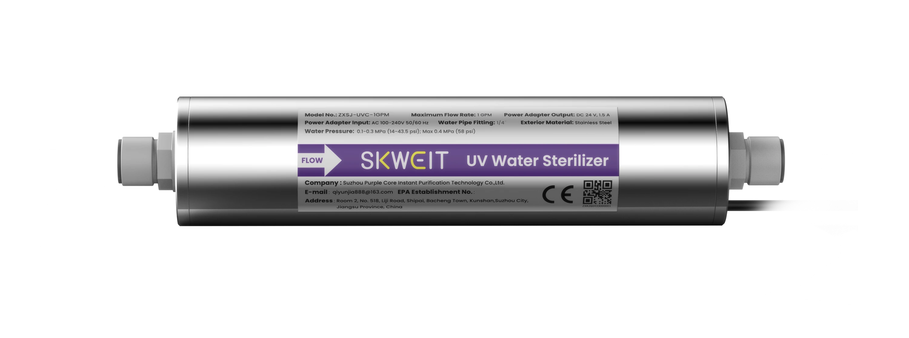 SKWEIT 1 GPM UVC-LED water treatment module, horizontal front view