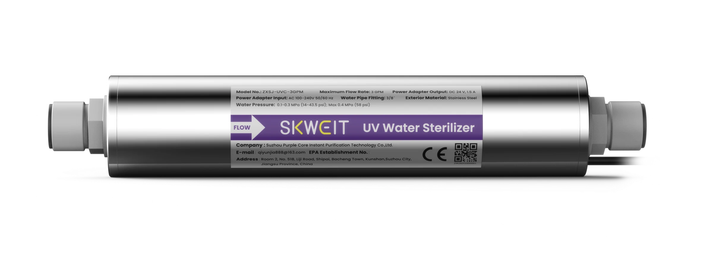 SKWEIT 3 GPM UVC-LED module with 3/8 inch fittings, horizontal front view