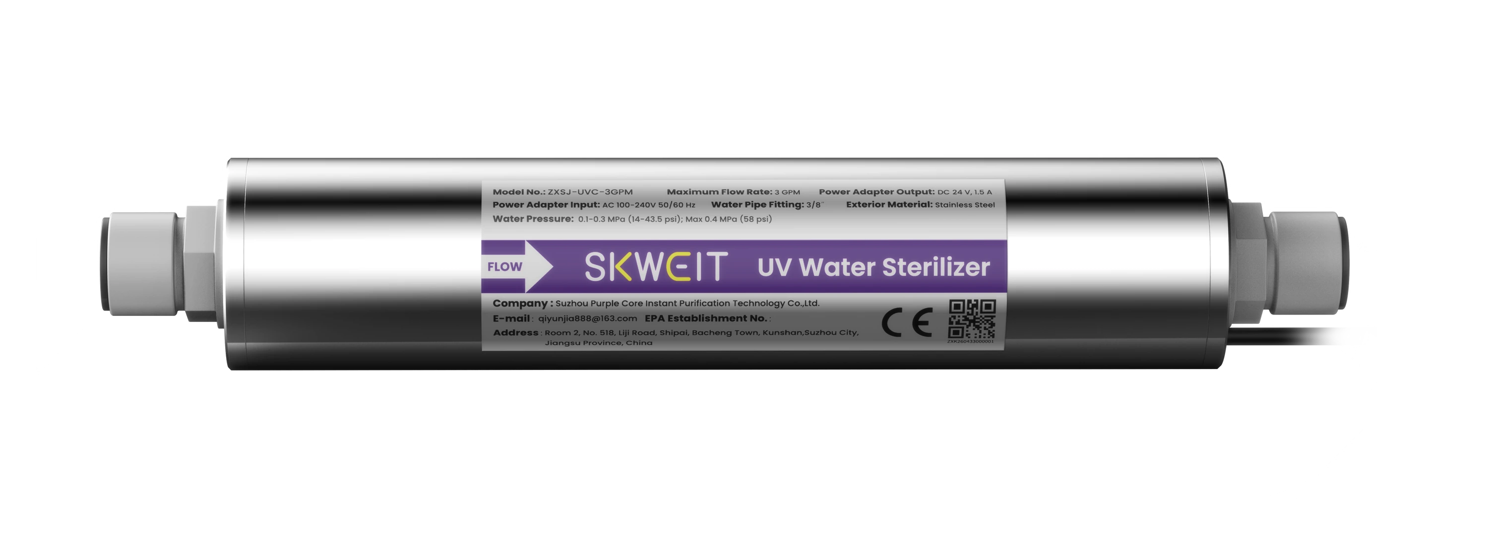 SKWEIT 3 GPM UVC-LED water treatment module, horizontal front view