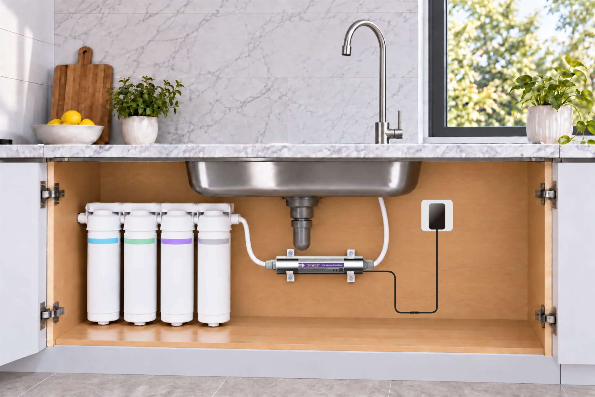 Under-sink four-stage purifier feeding a compact SKWEIT 1 GPM UV-C water module, with PE tubing routed behind the sink to the kitchen faucet